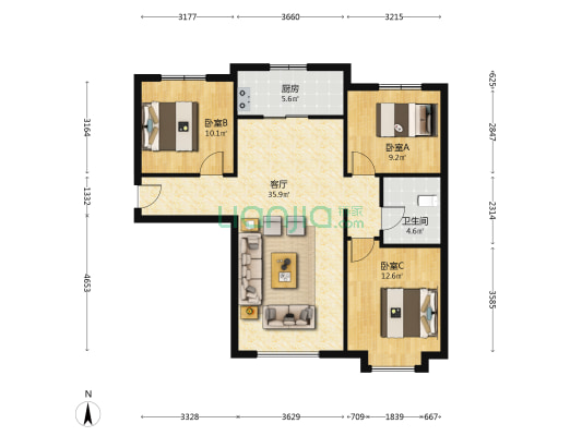 高铁片区 大产权 三居南北通透户型 采光好-户型图