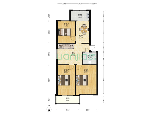 太原市第三少体校宿舍 3室2厅1卫 89平方