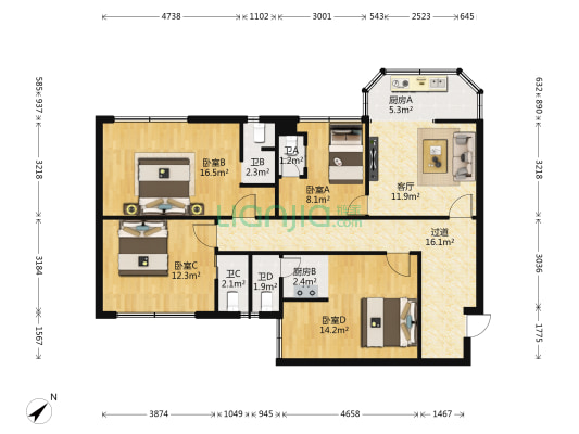 嘉美花园 4室1厅4卫 117平方