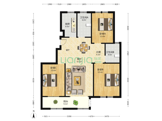 海福花园 3室1厅2卫 129平方
