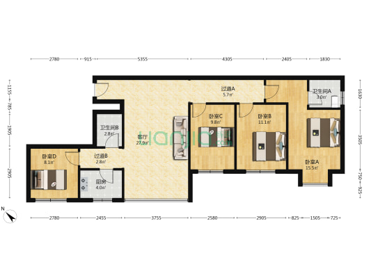 虹信大厦 4室1厅2卫 123平方