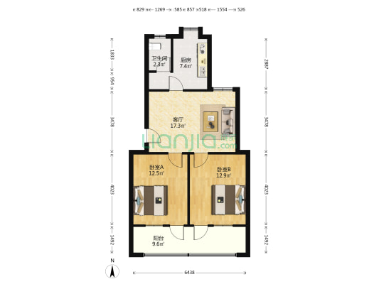 麓宾宿舍 2室1厅1卫 67平方