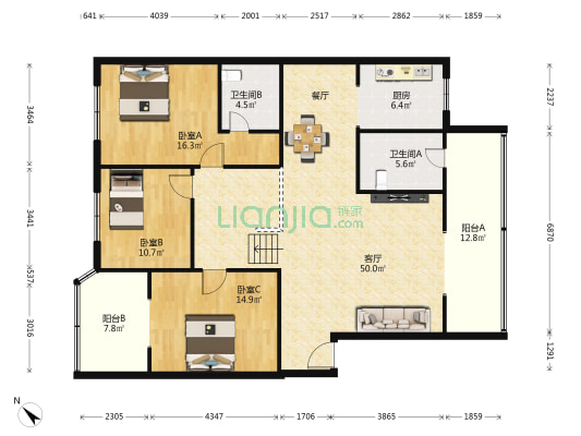 长安中路47号 3室1厅2卫 141平方