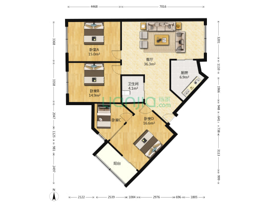 黄龙映翠五区 4室1厅1卫 126平方