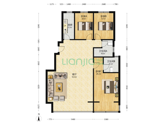 双语,大三居,横厅,带车位，一梯两户，东边户-户型图
