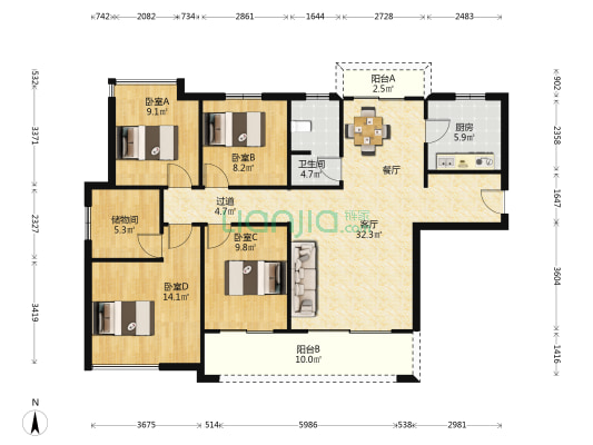诺德滨江逸园 4室1厅1卫 136平方