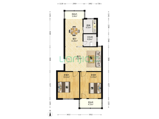 燕京宿舍楼 2室2厅1卫 94平方