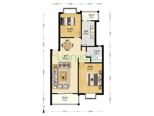 华城丽苑 2室1厅1卫 87平方