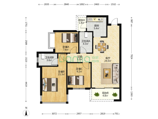 悦桂绿地新世界 3室1厅2卫 96平方