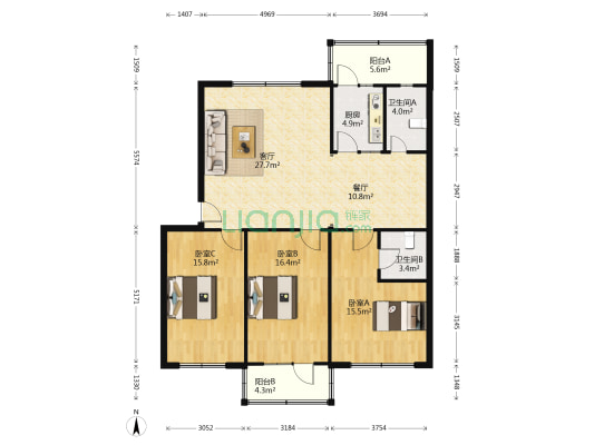 大气层小区 3室2厅2卫 131平方