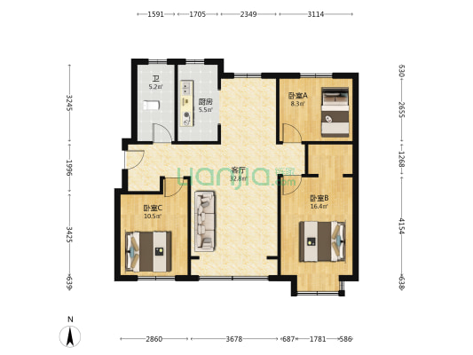 骏兴园 3室1厅1卫 123平方
