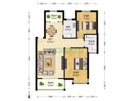 银河城水悦湾一区 2室1厅1卫 88平方