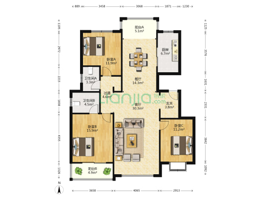 记者村 3室2厅2卫 141平方