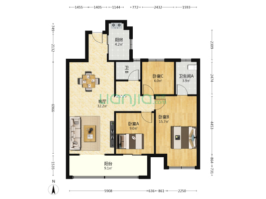 吾悦华府D区 3室1厅2卫 109平方