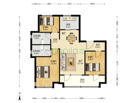 海信盟旺世家二期 3室1厅2卫 117平方