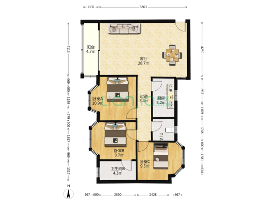 富怡物业 3室1厅2卫 109平方