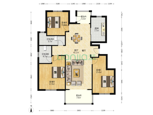 郑东华府 3室1厅2卫 135平方