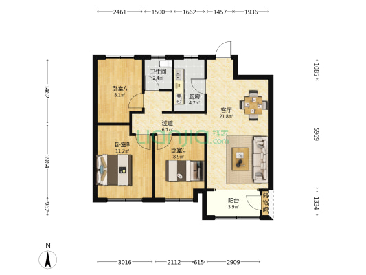 御宾府 3室1厅1卫 96平方