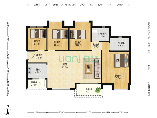 弘阳德商昕悦府 4室1厅2卫 111平方