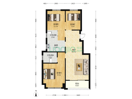 华海德馨园 3室1厅2卫 90平方