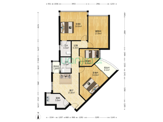 鸿景园 3室1厅2卫 117平方