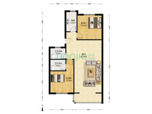 四方商贸城 2室1厅2卫 109平方