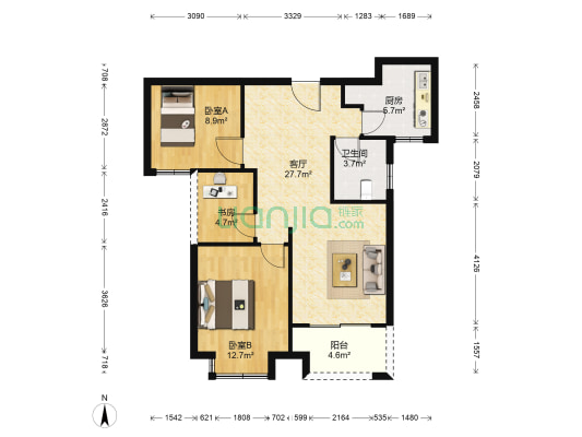 颍河水岸小区 3室1厅1卫 91平方