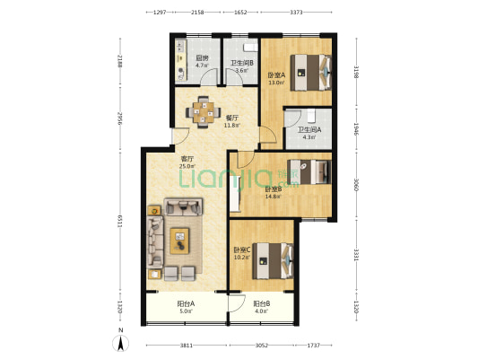 文华路新13号 3室2厅2卫 116平方