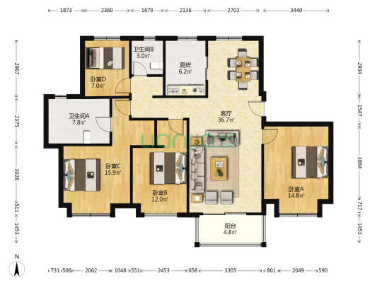 宝业爱多邦 4室1厅2卫 173平方
