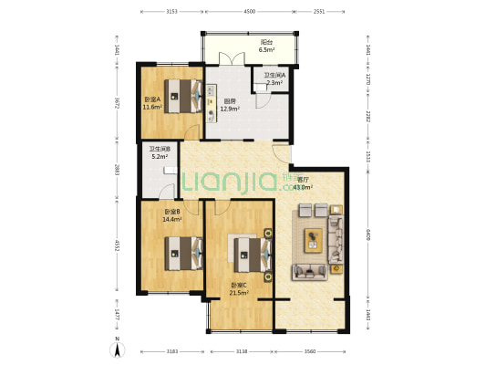 豪威小区 3室1厅2卫 137平方