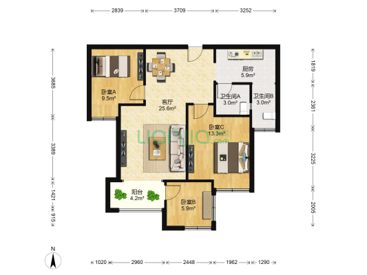 融创红谷世界城 3室1厅2卫 86平方