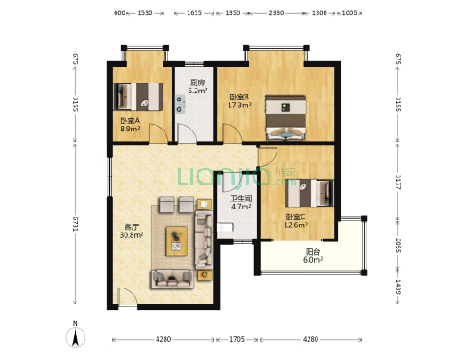 润景家源 3室1厅1卫 112平方