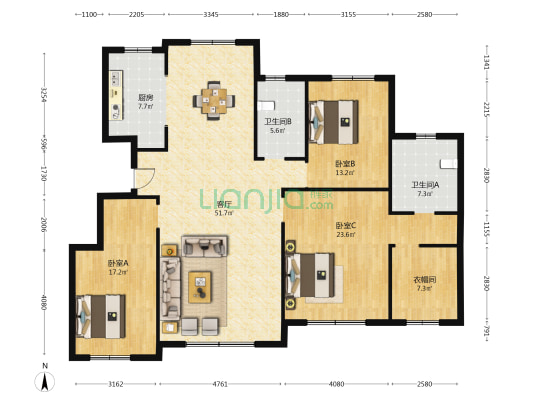 绿地海域中央墅C区 3室1厅2卫 164平方