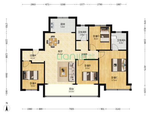 中博谦山 4室1厅2卫 139平方