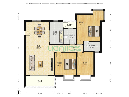 中区华府一期 3室1厅2卫 139平方
