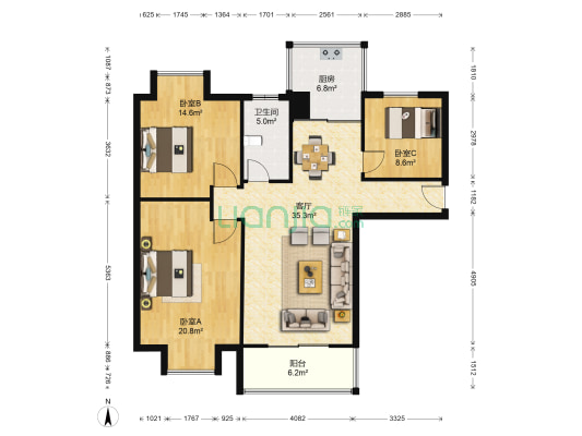 天瑞名城B区 3室1厅1卫 116平方