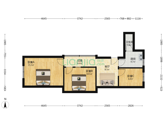 鼓楼南街70号 3室1厅1卫 65平方