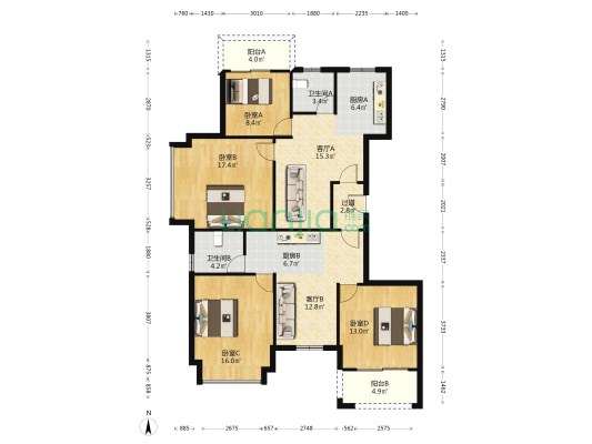 卓瑞嘉园 4室2厅2卫 143平方