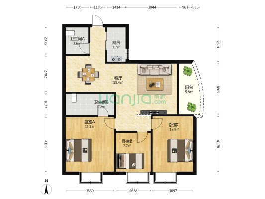 温州大厦 3室1厅2卫 118平方