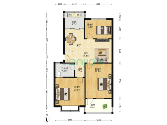 平安小区 3室1厅1卫 104平方