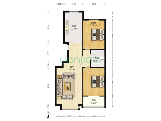 东兴天地源 2室1厅1卫 103平方