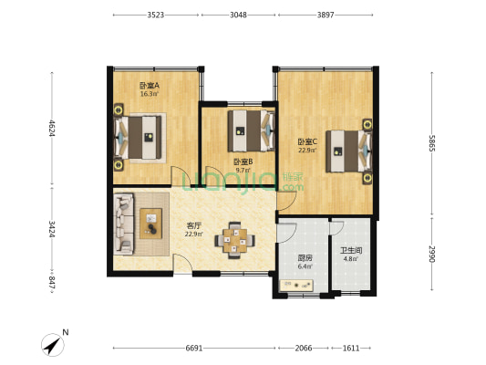 百货街 3室1厅1卫 95平方