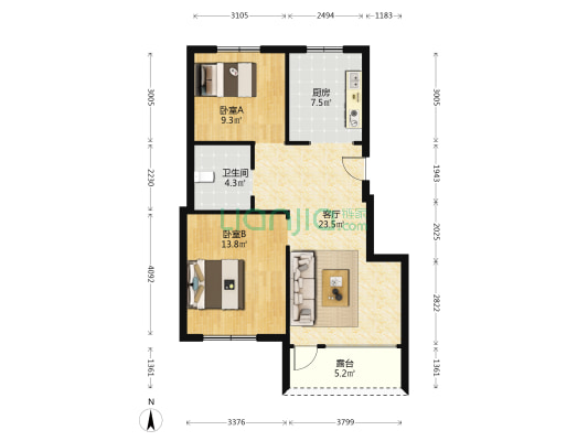 金地·名悦 2室1厅1卫 91平方
