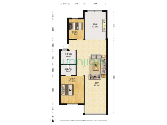 百合花园 2室1厅2卫 111平方