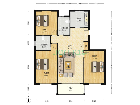 复兴南苑 3室1厅2卫 127平方