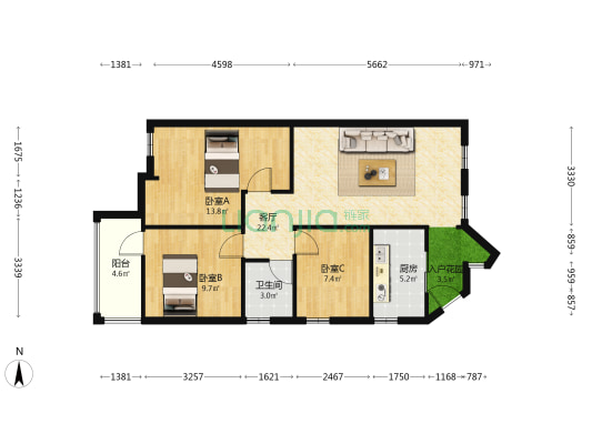 业盛乐园华庭 3室1厅1卫 90平方