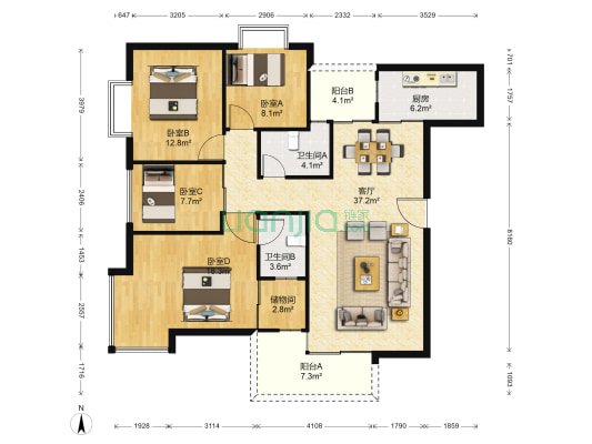 新世界曦岸 4室1厅2卫 131平方