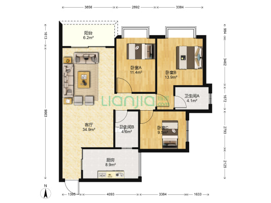 富美苑 3室1厅2卫 114平方