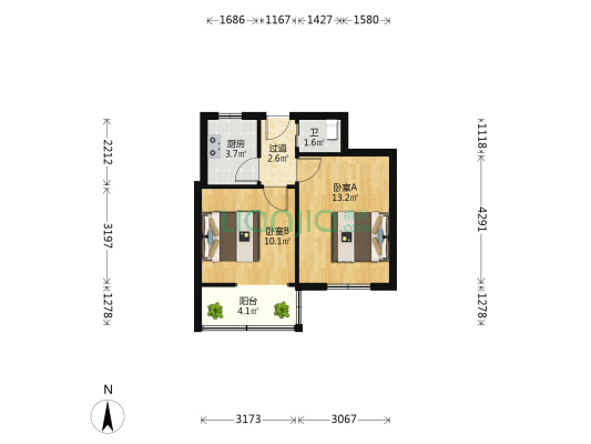 红岛路 2室0厅1卫 44平方