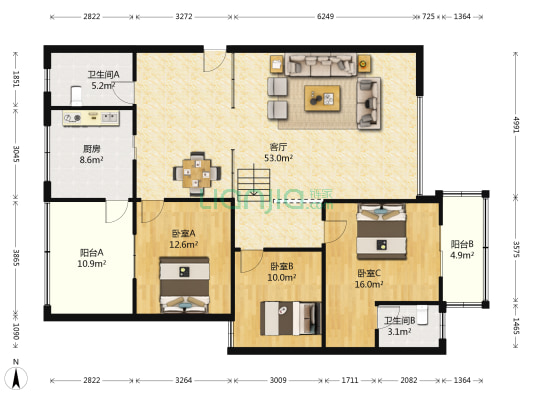 红宇大道18号 3室1厅2卫 151平方